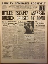 VINTAGE NEWSPAPER HEADLINE~WORLD WAR 2 BOMB TO KILL GERMAN HITLER WWII 1944 picture