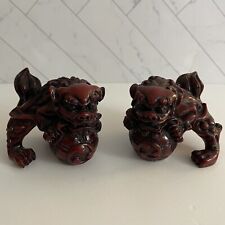 Pair of Traditional Chinese Foo Dogs Guardian Lion Figurines Cinnabar Resin 2.5” picture