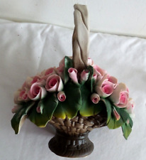 VINTAGE CESAR CAPODIMONTE BASKET OF PINK ROSEBUDS BY SANASTANO ITALY picture