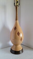 Vtg Mid Century Modern Glazed Ceramic & Wood with Diamond Pattern Table Lamp picture
