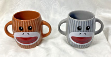 Lot of 2 Galerie Double Handle Sock Monkey Ceramic Coffee Tea Cocoa Mug Cup Gray picture