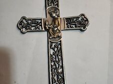 Lead/Pewter ? Hanging Christian Cross W/Child Roses Flowers 6 1/2