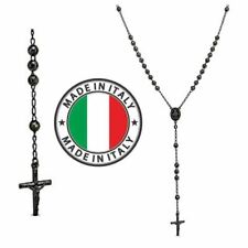 Men’s Rosary Beads Necklace Oxidized Black Solid 925 Silver Rosario ITALY Cross picture