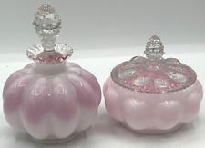 Vintage Fenton Melon Hobnail Perfume Bottle Powder Jar Ruffle White Over Pink picture