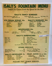 Early Isaly's Dairy Fountain Menu Ice Cream Sodas Sundaes Sandwich 10¢ Rare COPY picture