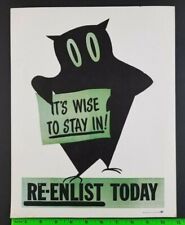 Vintage 1952 Owl It's Wise to Stay In Re-Enlist Today Military Cardstock Sign picture