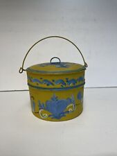 Vtg Tole Hand Painted Tin Lunch Pail w/Lid Berry bucket Folk Art Yellow & Blue picture