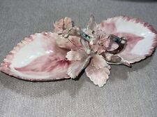 Vintage Italy Made Pink Porcelain Petals Dish With Porcelain Flowers And Handle picture