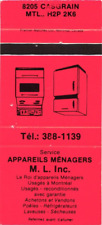 Montreal Canada M.L. Inc., Household Appliances Service Vintage Matchbook Cover picture