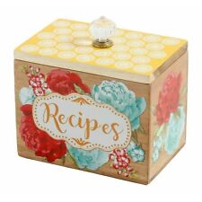 Pioneer Woman Blossom Jubilee Recipe Box Acacia Wood Crystal Clear Knob 6.2 inch picture