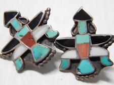 VINTAGE ZUNI INDIAN STERLING SILVER + INLAY KNIFEWING SCREWBACK EARRINGS picture