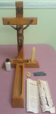 VINTAGE 14” Walnut Crucifix Sick Call Set W/ Original Contents GOOD COND. picture