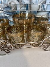 VTG Culver Valencia Low Ball Glass Barware Set 22kt Gold ,Green Diamonds & Caddy picture