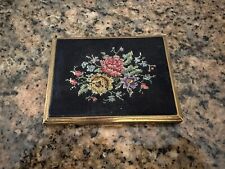 Vintage Embroidery Needlepoint Cigarette Case Gold Tone black w/ floral roses picture