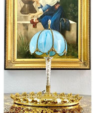 Lamp Antique Brass with Blue Stained Glass Shade Rare Lighting Home Decor picture