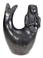 Black Clay Vessel Mermaid Siren Mandolin Primitive Nautical Sculpture Folk Art picture