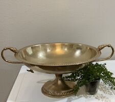 Vtg Solid Brass Ornate Pedestal Centerpiece Oval Bowl with Fish Shaped Handles picture