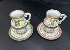 Pair Teacup/ Saucer Floral Porcelain Capodimonte Style  flowers Cabbage Rose VTG picture