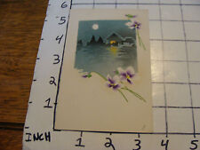 Vintage Unused Carte Postale Japanes Art: floral with moonlight and house picture