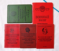 Vintage Soviet Documents Set 5x Komsomol Tickets VLKSM Military ID certificate picture
