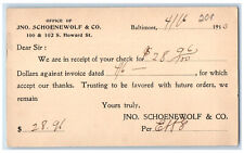 1910 Receipt JNo. Schoenewolf & Co. Baltimore Maryland MD Postal Card picture