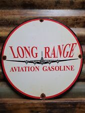 VINTAGE LONG RANGE PORCELAIN SIGN AVIATION GASOLINE FLYING OIL GAS AIRPLANE PUMP picture