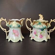 Antique R S Prussia Cream and Sugar Bowl Set Hand Painted Floral Gold Trim picture