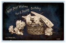 1909 Happy Birthday Rotograph Still Life Roses Basket Fulton RPPC Photo Postcard picture