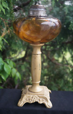 Antique 1870s Victorian French Pattern Amber Glass Oil Lamp - DEPOSE SIGNED picture
