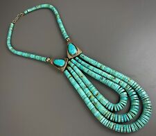 HUGE Vintage Santa Domingo Pueblo 3 Strand Graduated Turquoise Disc Necklace picture