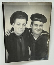 Vintage Studio Booth Photo Handsome U S Navy Sailor Friends Hugging picture