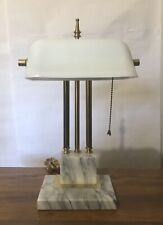 Vintage Brass White Marble Bankers Lamp White Milk Glass Shade 16.75