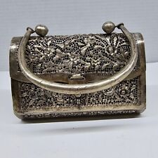 Vintage Silvertone Metal Purse Pierced Reticulated Birds Flowers Tarnished picture