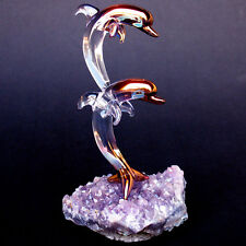 Dolphins Figurine of Blown Glass Amethyst Crystal Gold picture