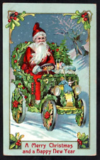 Santa Claus in Old Car with Holly~Toys~Antique Embossed~Christmas Postcard~k56 picture