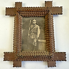 Antique Handmade Wood Frame Orig. Photo WWI German Cavalry Soldier Pickelhaube picture