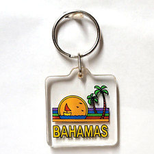 Vintage 80s Keychain Bahamas, 2 Sided Key Chain Ring 1980s Sailboat Sunset Palm. picture