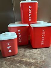 Vintage Lustro Ware Red & White COOKIES COFFEE TEA FLOUR Plastic Canister Set picture