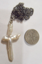 vintage sterling silver cross pearl Christian religious necklace 53071 picture
