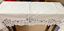 VINTAGE WHITE COTTON CONSOLE TABLE RUNNER TAPE/STRING LACE & EMBROIDERY 50