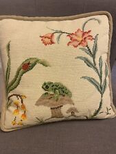 Vintage Needlepoint Pillow Lily Mushroom Frog  Avacado Velvet Back picture