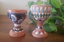 Set of 2 Greek Egg Cups Handmade Clay Terracotta Pottery w/ Enamel Artist Signed picture