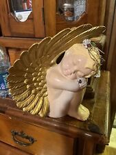 Cherub Angel Baby Figurine Ceramic Bisque Gold WingsSitting Sleeping 10 inch picture