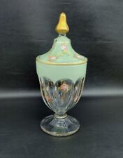 VTG WESTMORELAND APOTHOCARY JAR WITH LID: CLEAR JADE GREEN PINK ROSES GOLD TRIM picture