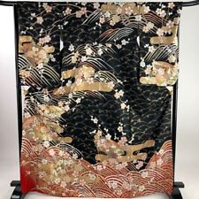 Woman Japanese Kimono Houmongi Synthetic PlumBlossom Fan Gold Foil Black 170.5cm picture
