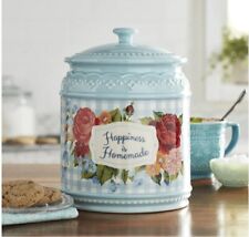 Pioneer Woman Cookie Jar With Lid Blue Sweet Rose Happiness is Homemade picture
