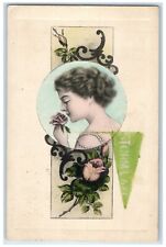 1911 Pretty Woman Flowers Art Nouveau Storm Lake RPO Posted Antique Postcard picture
