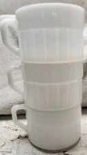 3 Vintage Federal White Milk Glass Coffee Mugs Cup Ribbed Stackable D Handle picture