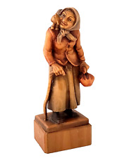 Vintage Anri Old Lady With Cat & Cane Hand Carved Wood Figurine Italy 1950-60s picture