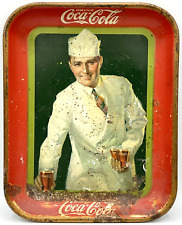 Rare Vintage Coca Cola Soda Jerk Metal Serving Tray Coke Pop Man Fountain RUSTY picture